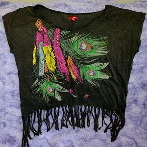 Rock and Roll style fringe tee with colorful rhinestone feathers.